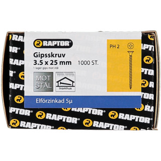 GIPSSKRUV 3,5X25 STÅL FZB 1000ST 1-LAG PH2 RAPTOR