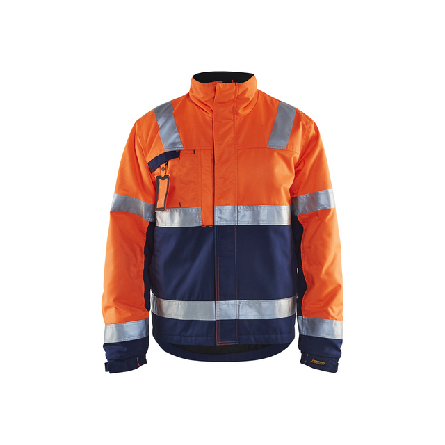 Varseljacka i orange och marinblå med reflekterande ränder och ståkrage.