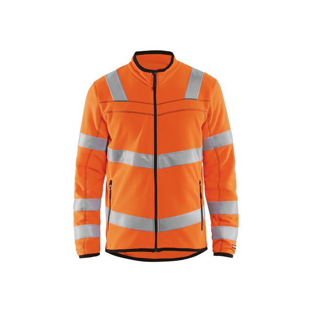 Varselorange fleecejacka med reflekterande silverband och svarta dragkedjor på framfickor.