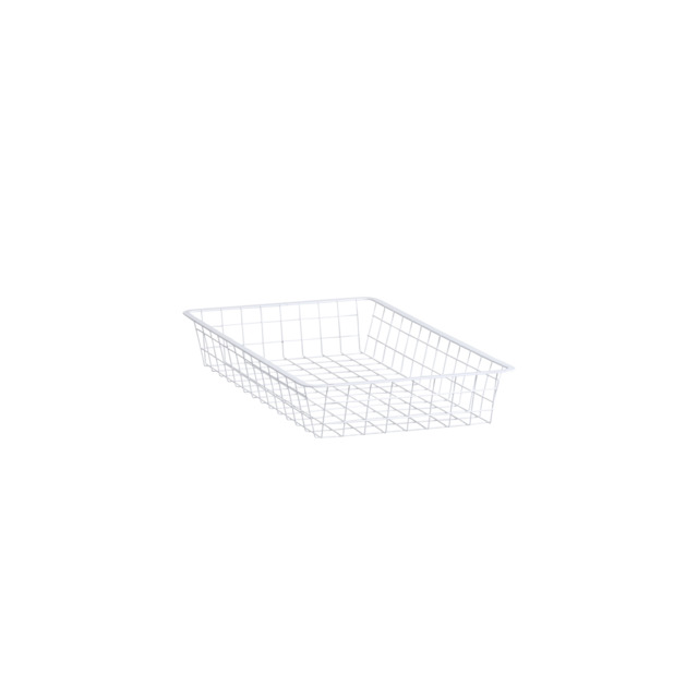 Vit trådkorg med rektangulär form, placerad mot en svart bakgrund.