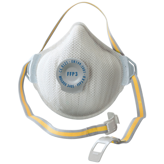 Andningsskydd med ventil och elastiska band. Märkt FFP3, MOLDEX 3405 och certifieringsnummer.