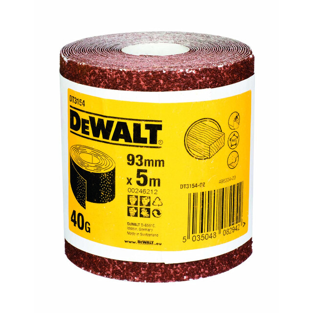 Rulle med slipsandpapper från märket DeWalt, etikett med detaljer som 93mm x 5m, 40G.