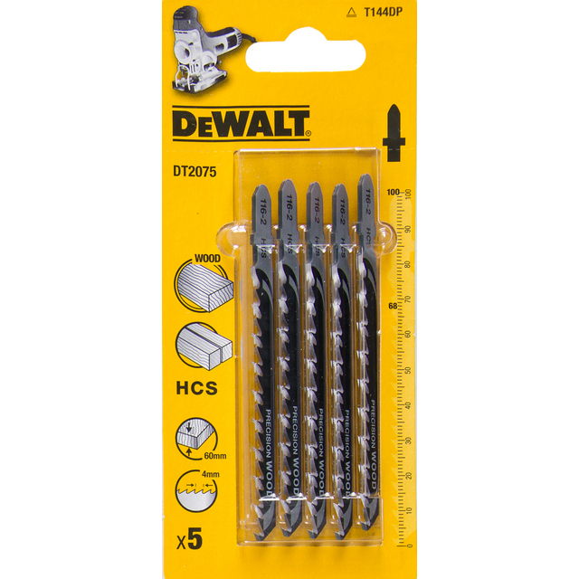 Förpackning med fem Dewalt sticksågsblad, modell DT2075, för träbearbetning, i gul förpackning.