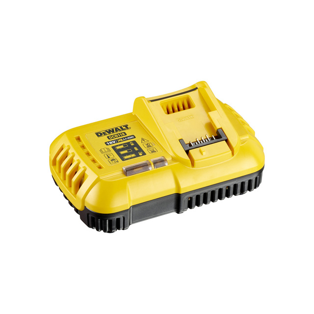 Gul batteriladdare med DeWalt-logotyp och indikatorlampor på ovansidan.