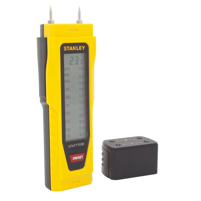 Fuktmätare i gult och svart med digital display, text STANLEY och STHT77030, samt en ONSET-knapp. En löstagbar sensor bredvid.