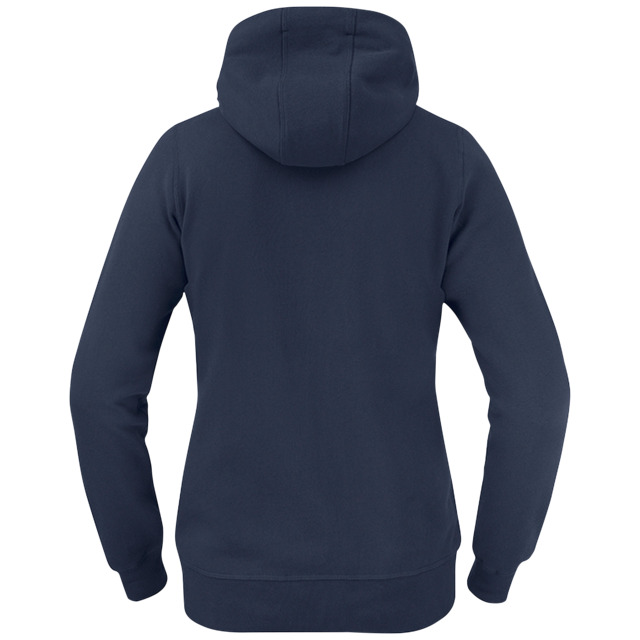 Marinblå hoodie sedd bakifrån med huva och långa ärmar.