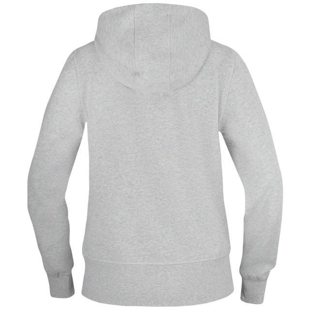 Grå hoodie sedd bakifrån med huva och långa ärmar.