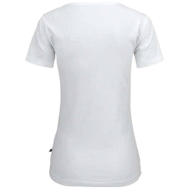 En vit, kortärmad t-shirt sedd bakifrån.
