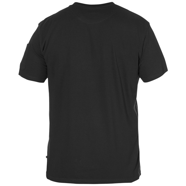 Svart T-shirt sedd bakifrån, korta ärmar och rund hals.