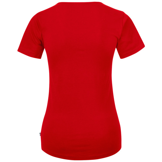 Röd T-shirt sedd bakifrån på vit bakgrund.