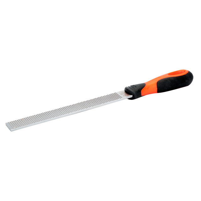 Rektangulär fil med orange och svart handtag.