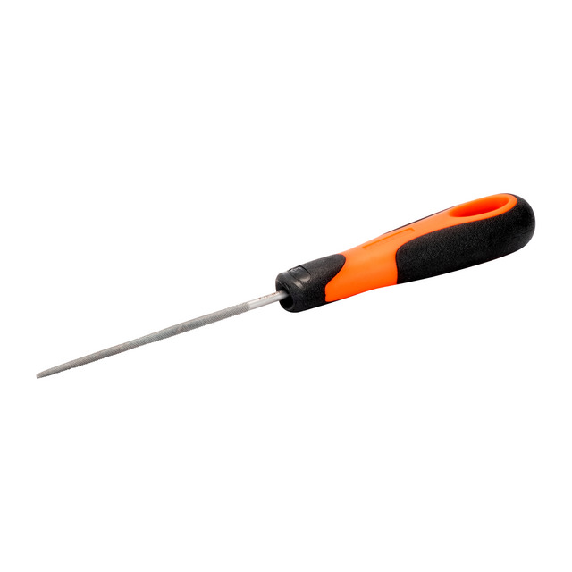 Rund fil med orange och svart handtag.