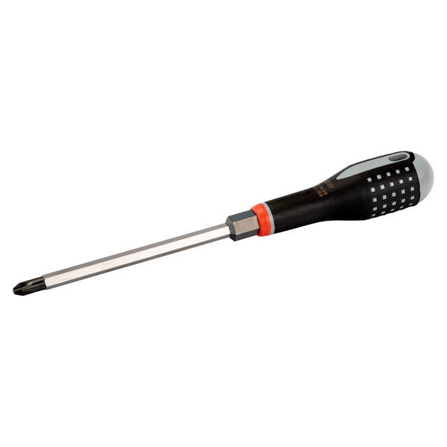 Skruvmejsel med svart ergonomiskt handtag och lång metallspets med stjärnformad spets.
