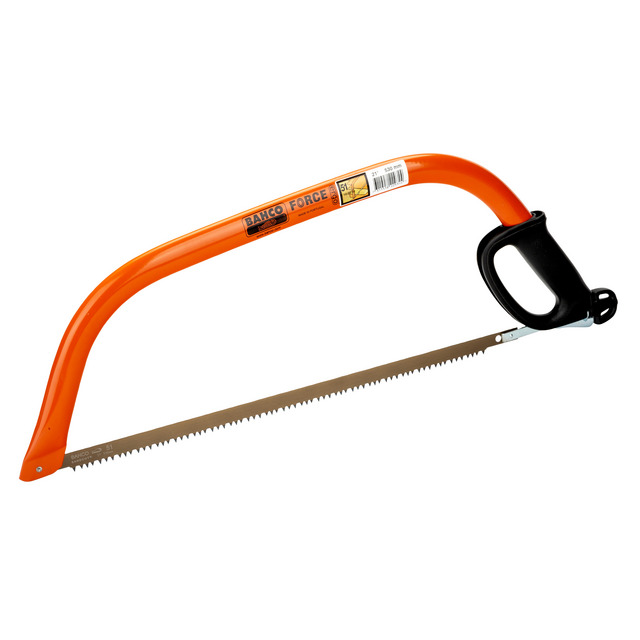 Orange bågsåg med svart handtag och metallblad, märkt BAHCO FORCE på ramen.