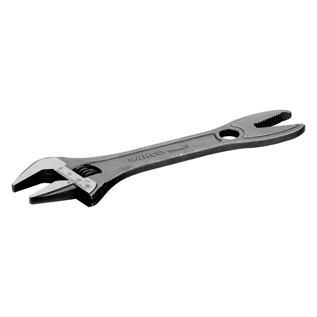 Skiftnyckel i metall med hajkäft-design och justerbart huvud. Svart yta och logotyp på skaftet.