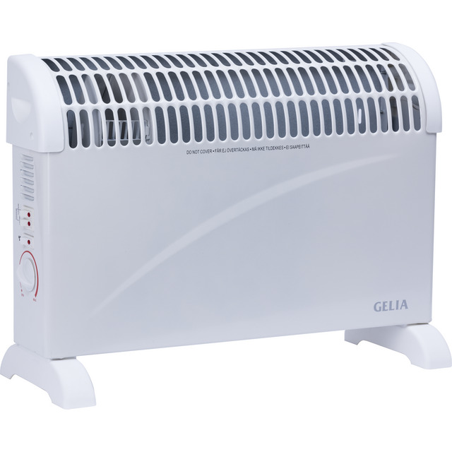 Vit konvektorelement med ventilationshål, kontrollpanel med vred och strömbrytare, texten GELIA synlig.