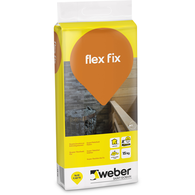 Förpackning med texten flex fix i en orange cirkel på framsidan. Märkt weber och vikt 15 kg.