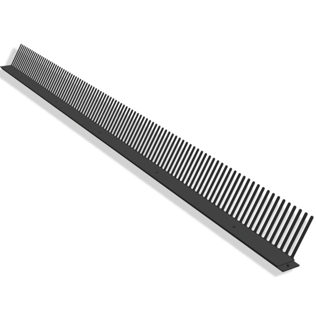 Svart plastband med vertikala pinnar, troligen för att förhindra att fåglar landar.