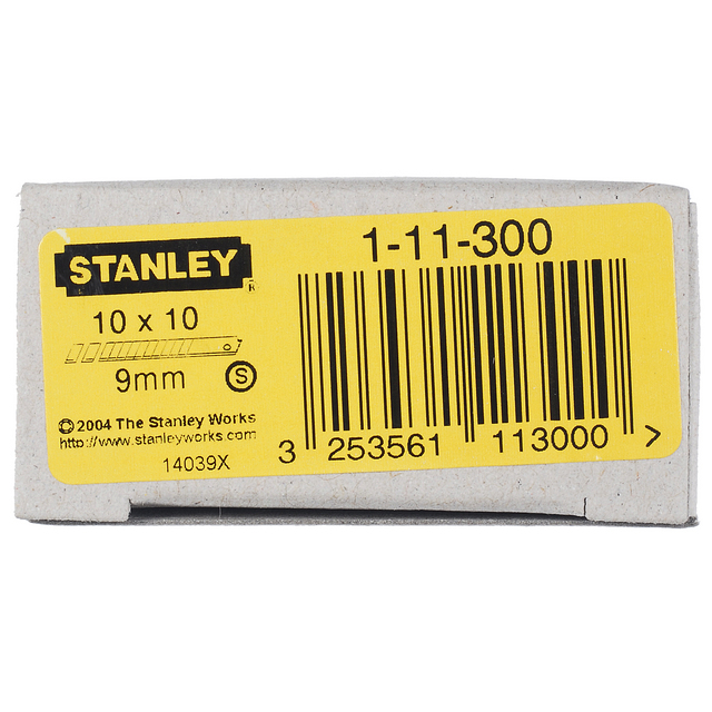 Stanley 9mm blad, 10 x 10, artikelnummer 1-11-300, med streckkod 3253561113000.