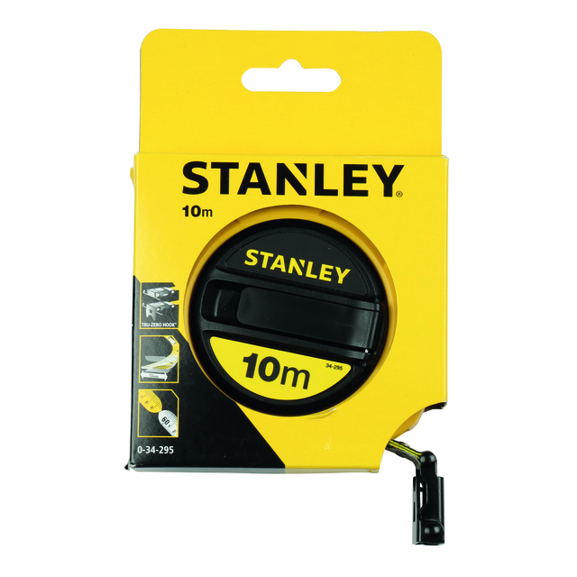 Gult förpackat måttband av märket Stanley, 10 meter.