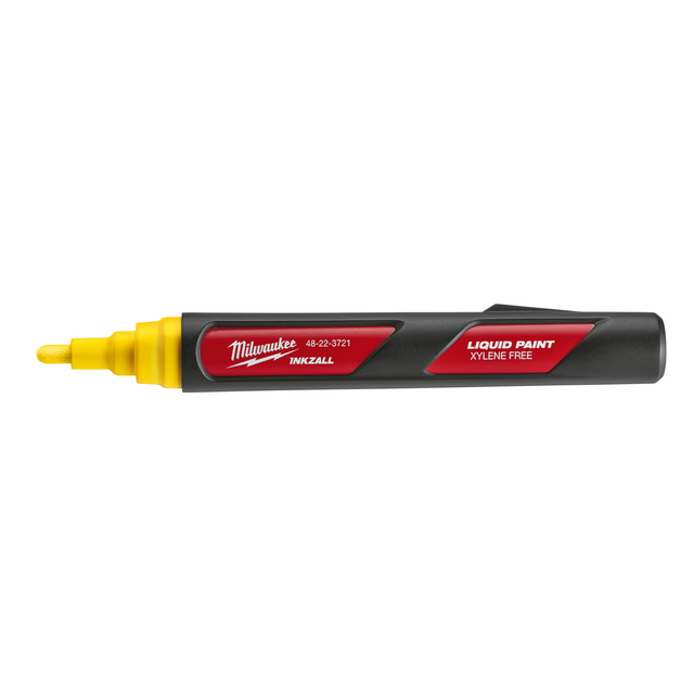 Milwaukee Inksall flytande färgpenna med gul spets, röd och svart design, text XYLENE FREE.