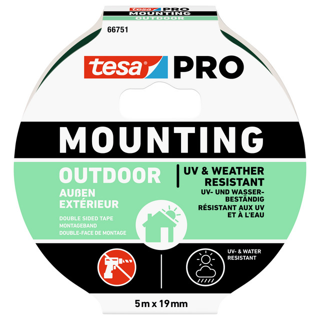 Produktbild föreställande artikeln MONTERINGSTEJP 66751 PRO MOUNTING TESA OUTDOOR 5MX19MM från kategorin Maskeringstejp