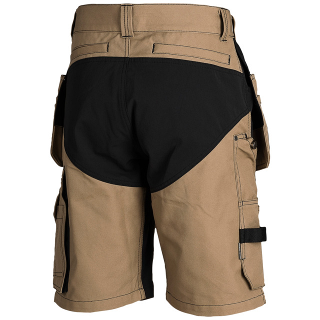 Bruna arbetsshorts med svarta förstärkningar på bakdelen och bakfickor.