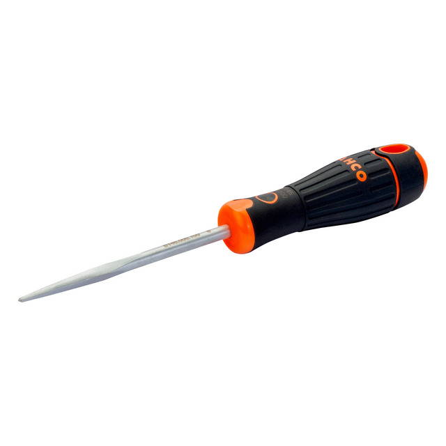 Svart och orange syl med ergonomiskt handtag och metallspets.