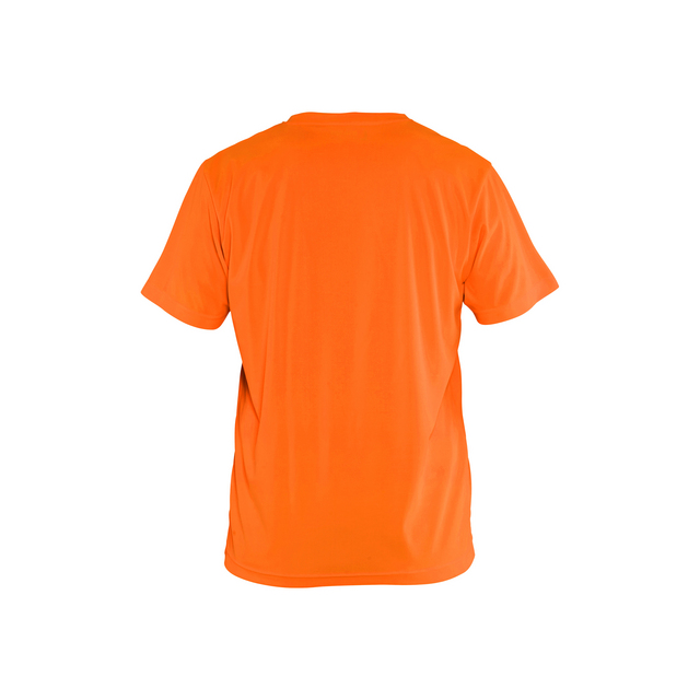 Orange t-shirt sedd bakifrån, med korta ärmar och rund halsringning.