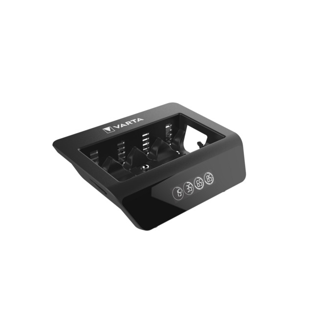 Svart laddstation från Varta med plats för batterier och symboler på framsidan.