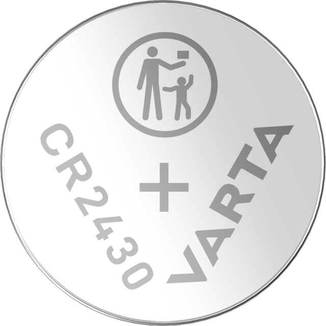 CR2430 knappcellsbatteri med Varta-logotyp och varningssymbol mot barn.
