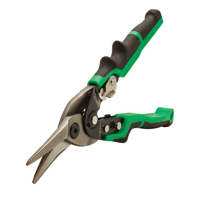 Grön och svart plåtsax med ergonomiskt handtag och låsfunktion.