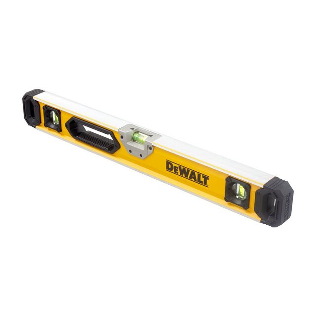 Gul och vit DeWalt vattenpass med tre libeller, handtag och gummiskyddade ändar.