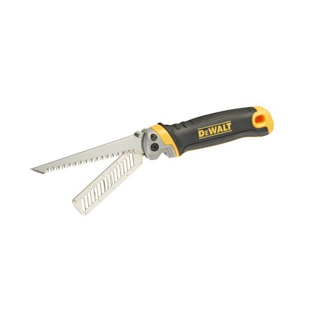 Gul och svart DeWalt hopfällbar såg med två olika blad, ett med grova och ett med fina tänder.