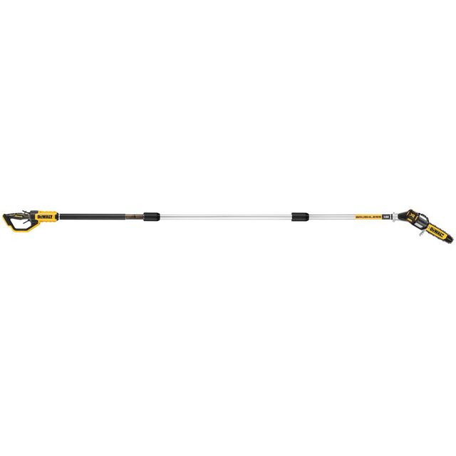 En lång, gul och svart grensåg med justerbart teleskopskaft och motorsågsliknande toppdel. Märke: Dewalt.