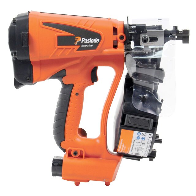 Orange och svart spikpistol med texten Paslode Impulse.
