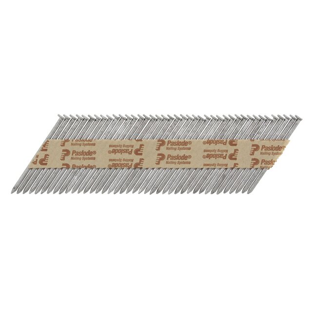 Sammansatta spik från Paslode med ett pappersband, arrangerade diagonalt.