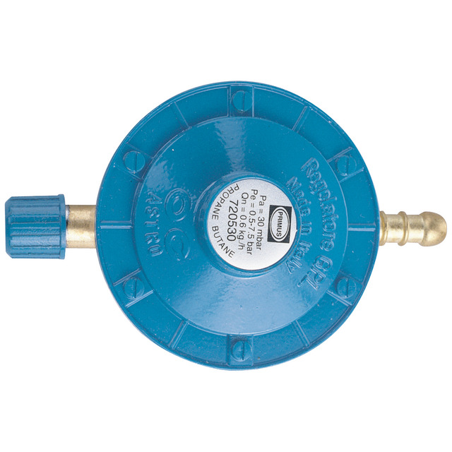 Blå gasregulator med mässingskontakt, text inkluderar: Genuine, Propane Butane, 50 mbar, 0.8 kg/h.