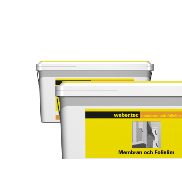 Vit plastförpackning med gul etikett, märkt weber.tec Membran och Folielim.