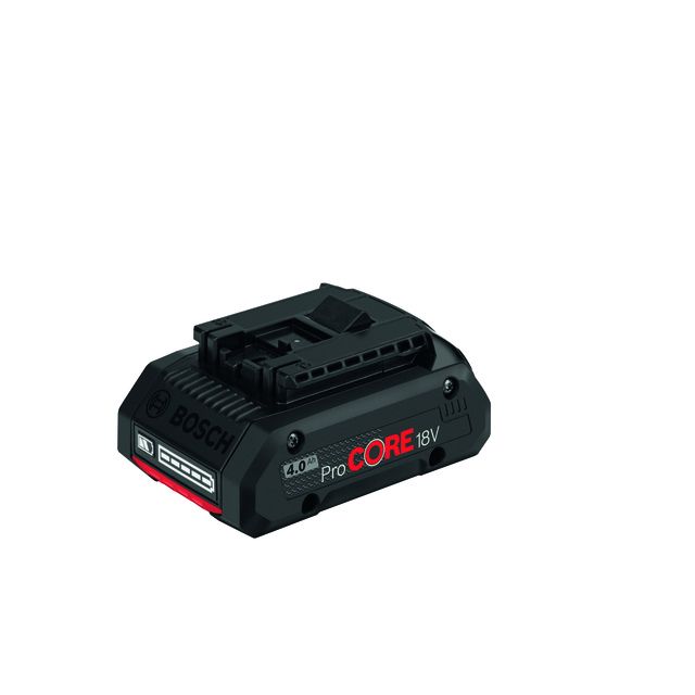 Batteri med texten BOSCH ProCORE 18V 4.0 Ah på sidan, svart med röda och grå detaljer.