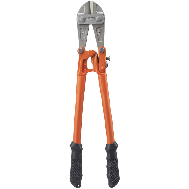 Bultsax med orange handtag och svarta grepp, metallhuvud med skärblad.