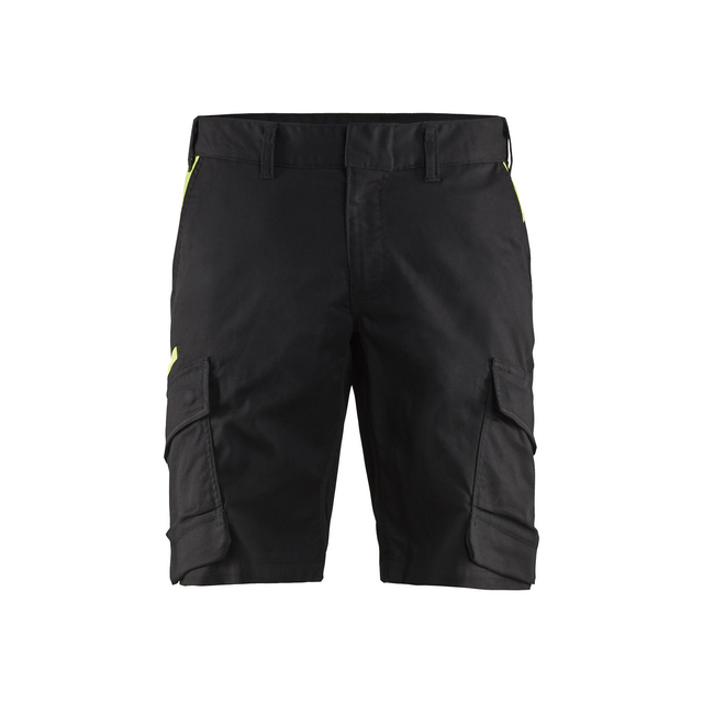Svarta arbetsshorts med flera fickor och gula detaljer.