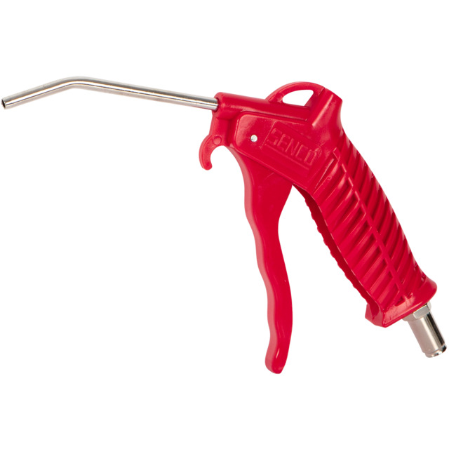 Röd tryckluftpistol med metallmunstycke och ergonomiskt handtag.