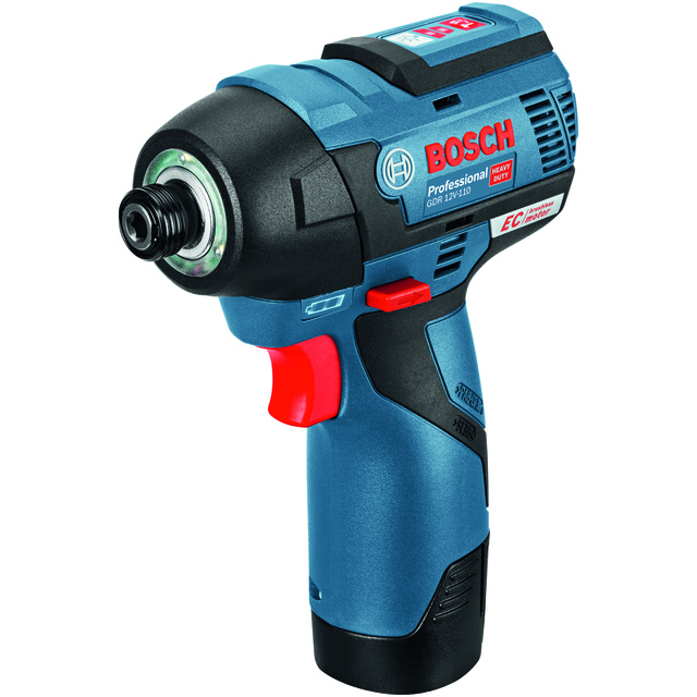 Slagskruvdragare i blått och svart, med ett rött avtryck och Bosch-logotyp på sidan.