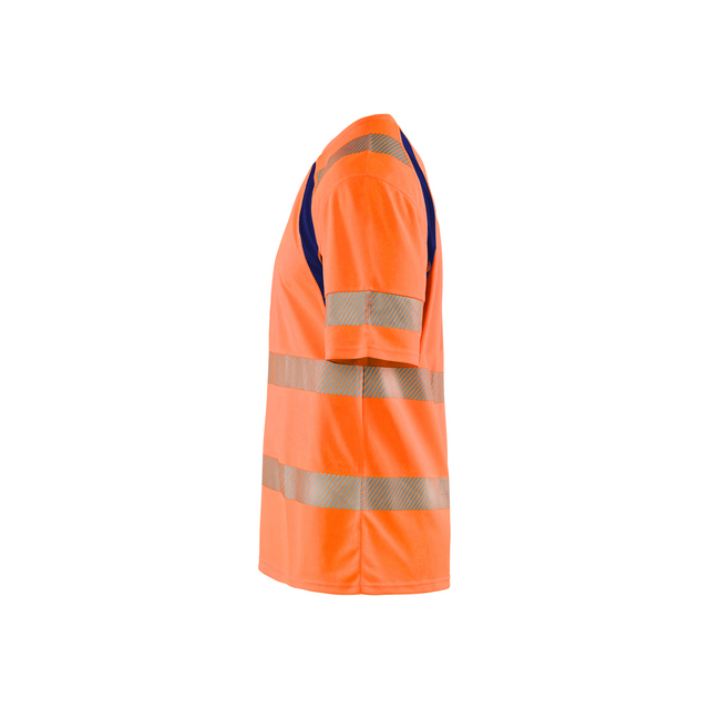 Orange och blå tröja med reflekterande band, sedd från sidan.