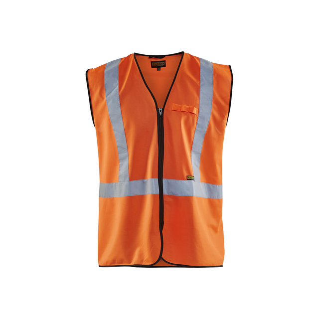 Orange reflexväst med blixtlås och reflekterande ränder, ficka på vänster sida.