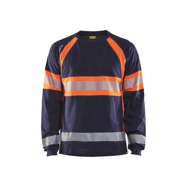 Mörkblå långärmad t-shirt med orange och reflekterande ränder runt bröst, ärmar och midja.