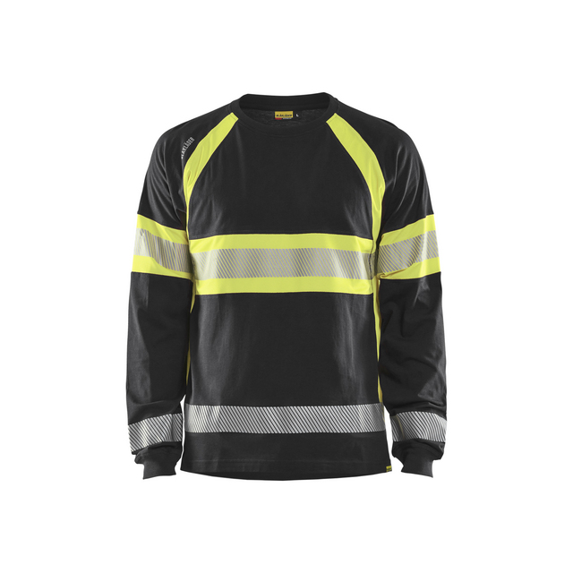 Svart långärmad t-shirt med gula och reflekterande ränder över bröst, ärmar och handleder.