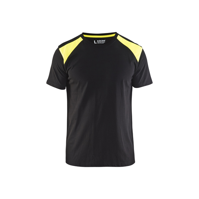Svart t-shirt med korta ärmar och gula axelpaneler.