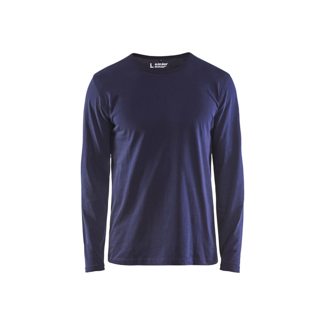 Mörkblå långärmad t-shirt med rund hals, synlig etikett i nacken.